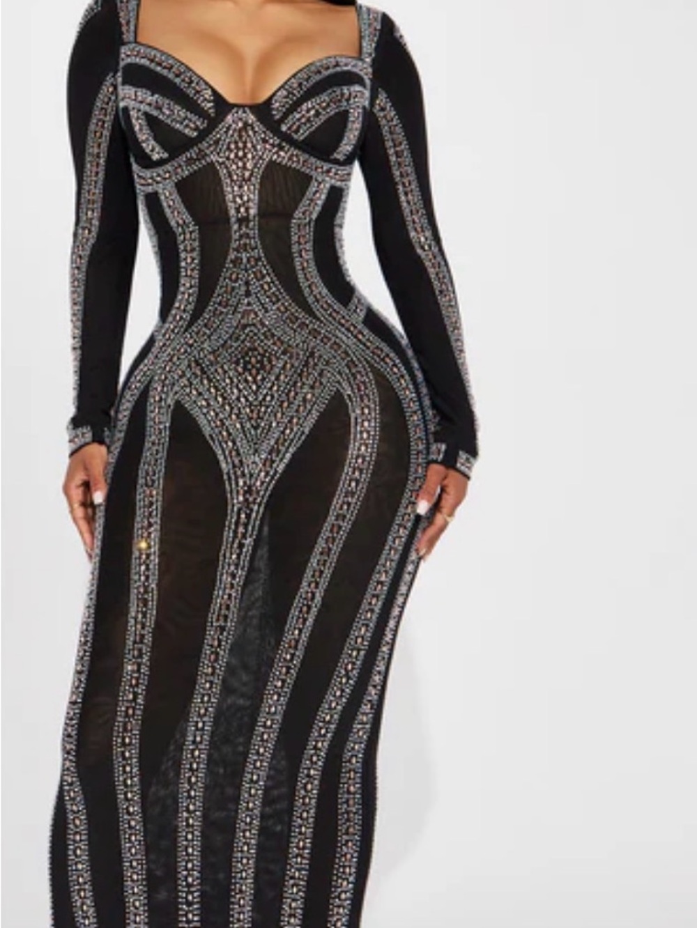 Fashion Nova Black Long-Sleeve Embellished Bodycon Gown